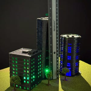 Miniature Building Toy Set of 3 - 3 - 7inch with LED Lights Scale City Design, Creative Construction Kit for Kids & Adults, Gift Idea