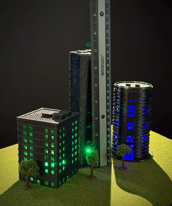 Miniature City Building Set of 3 with LED Lights: Kaiju Diorama Display