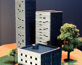 Miniature City Building Set: 3D Printed Gray Scale Model, Godzilla Display