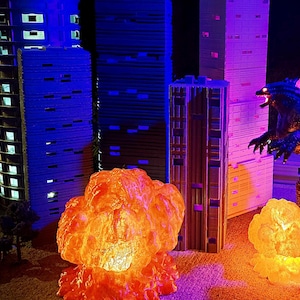 3D Printed City Set – Miniature Buildings and explosions for Godzilla scene with lights