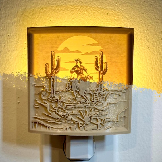 Western Cowboy Decor 4” x 4” Lithograph with Included Automatic LED Night Light