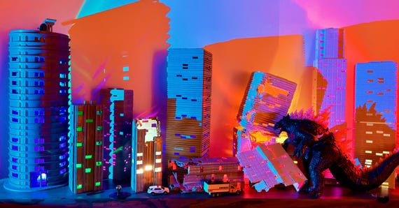 XXL Before and After 3D Printed City Set – Unique Hand Destroyed with Bright Rechargeable Lights – HO & N Scale - One of a Kind Set