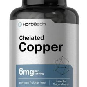 May include: A black bottle with a silver label that reads "Horbäach Chelated Copper 6mg per serving non-gmo/gluten free Essential Trace Mineral 300 Vegetarian Tablets".