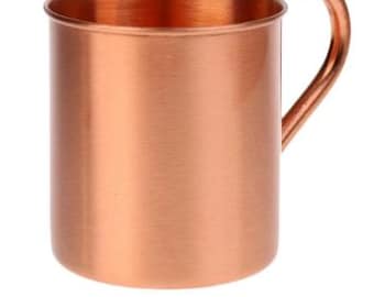 May include: A copper Moscow mule mug with a hammered finish and a rounded handle.