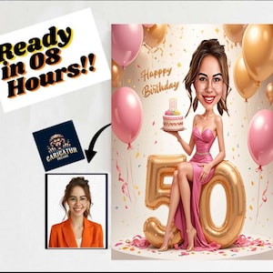 Gepersonaliseerde karikatuur 50e verjaardag van foto's, gelukkige verjaardag cartoon portret cadeau, gelukkige 50e verjaardag, karikatuur van foto