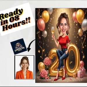 Portrait dessin animé 20e personnalisé | 20e caricature | Dessin caricature personnalisé joyeux anniversaire | Dessin animé 20e anniversaire, caricature d'anniversaire