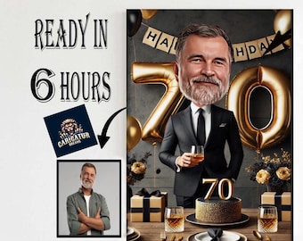 Personalized 70th Birthday Caricature: Custom Cartoon Portrait Gift
