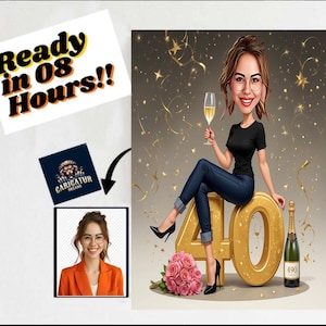 40e verjaardag vrouw karikatuur cadeau aangepaste gepersonaliseerde illustratie unieke mijlpaalviering leuke gedenkwaardige aandenken maken voor elke leeftijd