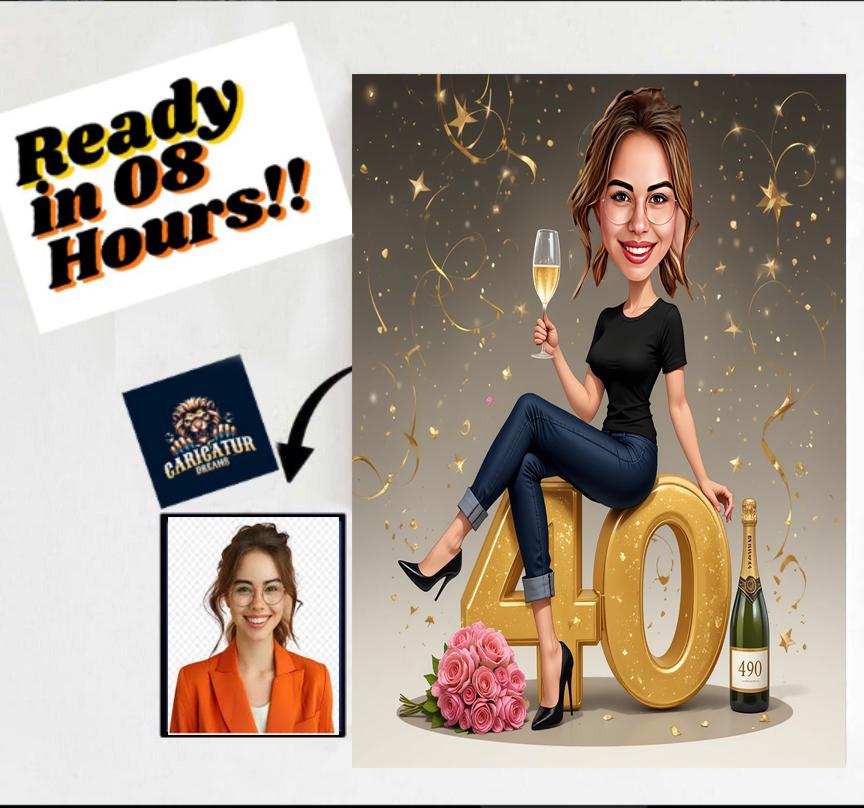 40th Birthday Caricature Gift: Custom Female Portrait (Digital Download)