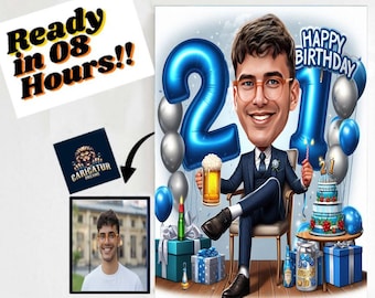 Personalized 21st Birthday Caricature: Custom Cartoon Portrait (Digital)
