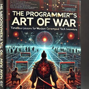 Puede incluir: Portada del libro "The Programmer's Art of War" con un diseño futurista. Muestra un guerrero en un paisaje digital, con el título en negrita. El nombre del autor, Gil Snovsky, se muestra en la parte inferior.