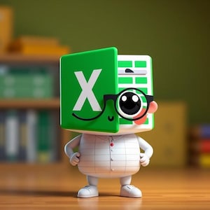 Pode incluir: Um personagem de desenho animado com uma cabeça verde e branca em forma de planilha do Excel. O personagem está vestindo uma camisa branca com um padrão de grade e óculos de aro preto. O personagem está sorrindo e tem olhos grandes e pretos.