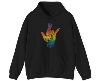 I Really Love You Hoodie - Rainbow Swirl ASL Hand Sign | Unisex Gildan 18500 Sweatshirt