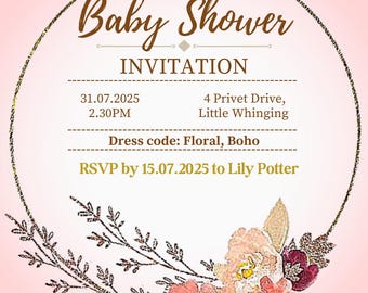 May include: A baby shower invitation with a pink background and a gold-colored circular frame. The text "Baby Shower INVITATION" is in brown script. The invitation includes the date, time, location, dress code, and RSVP information.