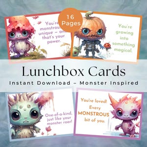Notas para la lonchera de niños, Tarjetas de afirmación de monstruos, Tarjetas para la lonchera, Notas para la lonchera de niños, Notas imprimibles para el almuerzo, Monstruo, Pantano
