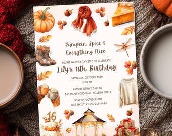 Autumn Sweet 16 Birthday Invitation Template | Editable Canva Invite | Cozy Fall Pumpkin Spice Latte Party | Instant Download
