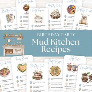 Könnte beinhalten: Eine Sammlung von Anleitungskarten mit dem Titel Birthday Party Mud Kitchen Recipes, die Aquarellillustrationen von Spielzeugessen wie Kuchen, Pizzen und Eisbechern sowie Schritt-für-Schritt-Anleitungen für das Spielen im Freien enthalten.