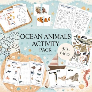Puede incluir: Un "Paquete de actividades de animales marinos" con más de 50 páginas de material educativo. Incluye páginas para colorear, juegos de emparejamiento y ejercicios de escritura. Presenta ilustraciones de varias criaturas marinas.