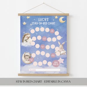 Può includere: Un grafico blu e bianco per rimanere a letto con cornice in legno. Il grafico presenta illustrazioni di un riccio, un coniglietto e un gatto che dorme. Il testo include "LUCY'S STAY-IN-BED CHART", "START", "YOU ARE A STAR" e "YOU DID IT!"