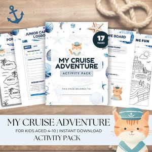Könnte beinhalten: Ein Kinder-Aktivitätspaket mit dem Titel "My Cruise Adventure" mit nautischem Thema. Das Cover zeigt eine Cartoon-Katze mit Matrosenmütze, Muscheln und dem Text "17 Seiten". Das Paket enthält Aktivitätsseiten für Kinder im Alter von 4-10 Jahren.