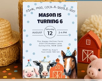 Invitación editable de cumpleaños de granja, imprimible para fiesta de granero, invitación de Oink Moo Cock-a-Doodle-Doo, plantilla de cumpleaños de animales de granja, granero de granja