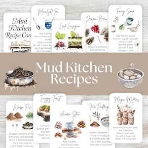 Cartões de receitas de cozinha de lama, recursos educacionais de aprendizagem, materiais Montessori, atividades de verão, escola florestal ao ar livre, natureza, para imprimir