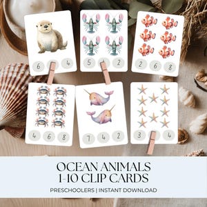 Ocean Animals 1–10 Clip Cards, Preschool Counting Activity, Montessori Inspired Printable, Under the Sea Theme, Ocean Animal Learning