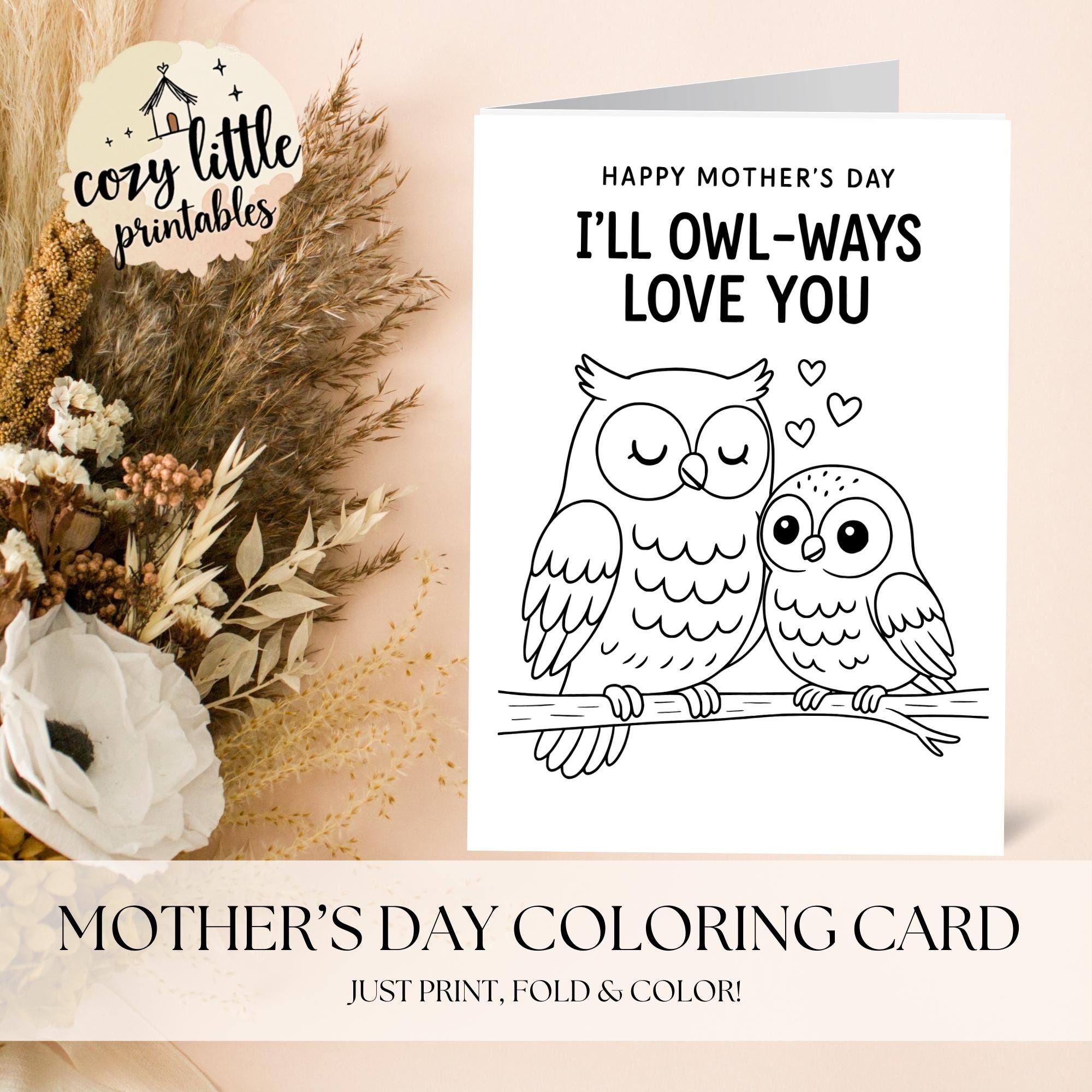 Kids Mother's Day Owl Coloring Card (Printable PDF)