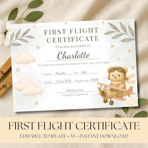 My First Flight Certificate for Kids, Award, Vacation Gift, Editable, Achievement, Keepsake, Milestone Printable, Vintage Plane, Bear Pink