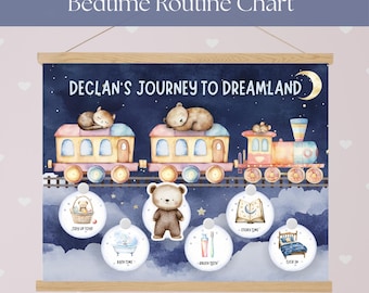 May include: A bedtime routine chart with the text "Bedtime Routine Chart" and "Declan's Journey to Dreamland." The chart features a train with sleeping bears, and icons for tasks like bath time and brushing teeth. The chart is A4 & US Letter size.
