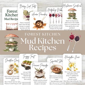 Mini cartões de receitas de cozinha de lama, cartões de ingredientes, materiais Montessori, brincadeiras ao ar livre, brincadeiras na natureza, escola na floresta, educação domiciliar, restaurante