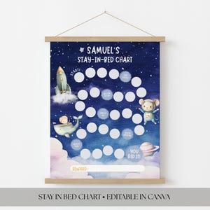 May include: A children's stay-in-bed chart with a space theme. The chart features a rocket, whale, and mouse in space suits. The chart has a dark blue background with white stars and the text "SAMUEL'S STAY-IN-BED CHART".