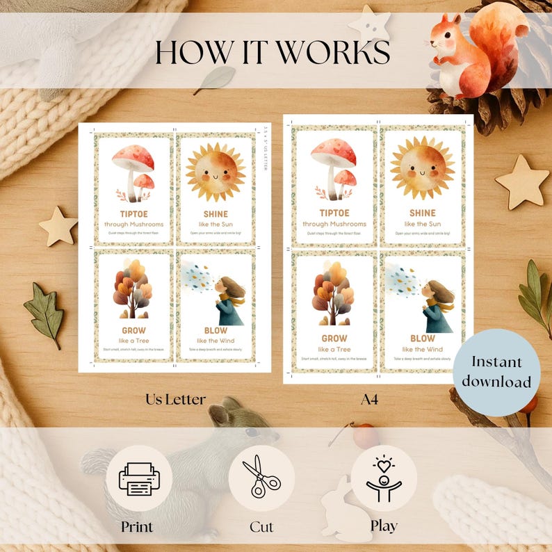 K&ouml;nnte beinhalten: Ein Satz druckbarer Karten mit Aquarellillustrationen und Text. Die Karten zeigen Bilder von Pilzen, einer Sonne, einem Baum und einer Person, die bl&auml;st. Der Text enth&auml;lt "Tiptoe through Mushrooms", "Shine like the Sun", "Grow like a Tree" und "Blow like the Wind".