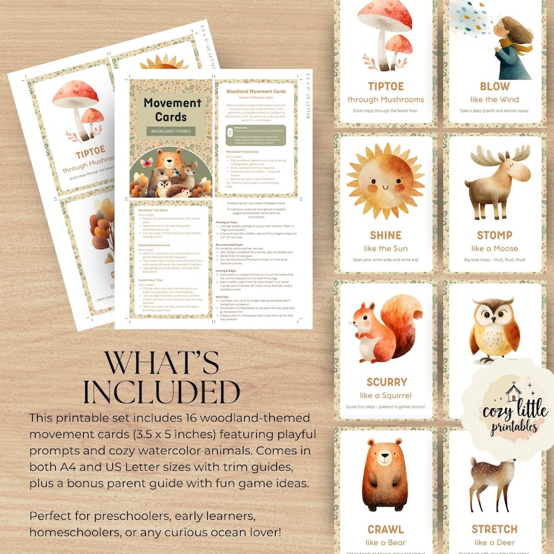 K&ouml;nnte beinhalten: Ein Set von Bewegungs-Karten im Wald-Thema mit Aquarell-Illustrationen. Die Karten zeigen Aufforderungen wie "TipToe through Mushrooms" und "Scurry like a Squirrel". Das Set enth&auml;lt einen Elternratgeber. Jede Karte misst 8,9 x 12,7 cm.