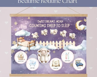 May include: A bedtime routine chart with a purple background, featuring illustrations of sheep, a bed, and a moon. Text includes "Sweet Dreams, Noah, Counting Sheep to Sleep" and "Tidy Up Toys, Bath Time, Story Time, Brush Teeth, Tuck In."