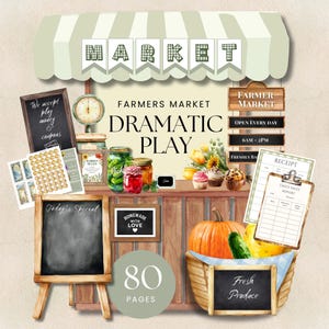 May include: A watercolor illustration of a farmer's market play set. The set includes a market stand with a sign that says "Farmers Market Dramatic Play", a cash register, a chalkboard, a basket of produce, and other items. The set is designed for children to play pretend and learn about the importance of farmers markets.