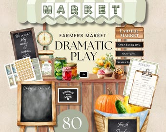 May include: A watercolour illustration of a farmer's market play set. The set includes a market stall with a sign that says "Farmers Market Dramatic Play", a cash register, a chalkboard, a basket of produce, and other items. The set is designed for children to play pretend and learn about the importance of farmers' markets.