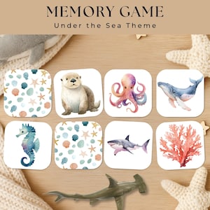 Under the Sea Memory Game Printable, Ocean Animal Matching Cards Kids, Preschool Activity, Watercolor Sea Creatures, Educational Preschool