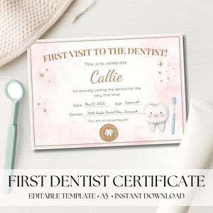 Certificat de première visite chez le dentiste, jalon dentaire imprimable pour enfants, souvenir de dent aquarelle doux, modifiable, réalisation, souvenir rose