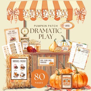Può includere: Illustrazione ad acquerello di un set di gioco drammatico a tema campo di zucche. La scena comprende una balla di fieno, zucche, un menu di bevande e cartelli con la scritta "Pumpkin Patch", "Pick Your Own Pumpkin" e "Pumpkins for Sale".