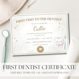 Certificat de première visite chez le dentiste, jalon dentaire imprimable pour enfants, souvenir de dent aquarelle doux, modifiable, réalisation, souvenir