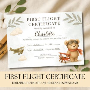 Mein erster Flug Zertifikat für Kinder, Auszeichnung, Urlaubsgeschenk, bearbeitbar, Leistung, Andenken, Meilenstein druckbar, Vintage Flugzeug, Bär