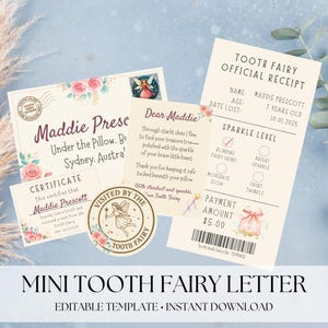 Mini Tooth Fairy Letter, Tooth Fairy Letter Kit, Pink Tooth Fairy, Rose themed, Mini Tooth Fairy Letter Kit – Printable Receipt, Certificate