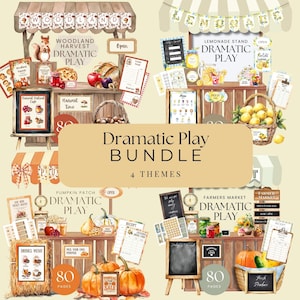 May include: A digital dramatic play bundle with four themes: woodland harvest, lemonade stand, pumpkin patch, and farmers market. Each theme includes signs, menus, and other play props. The bundle features the text "Dramatic Play Bundle" and "4 Themes".