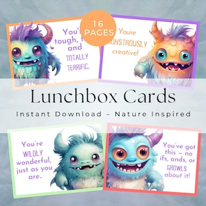 Notas para la lonchera para niños, Tarjetas de afirmación de monstruos, Tarjetas para la lonchera, Nota para la lonchera para niños, Notas imprimibles para el almuerzo, Monstruo, digital