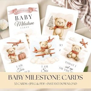 Cartes bébé jalon, imprimables, jalon, mensuel, ours de l'aviation, avion vintage, souvenirs personnalisés, cadeau de baby shower, téléchargement immédiat