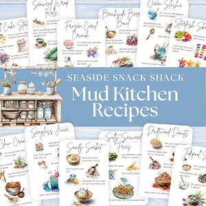 Puede incluir: Un conjunto de tarjetas de recetas ilustradas para una "Mud Kitchen", con recetas temáticas de la costa como "Seaweed Wrap Rolls" y "Frozen Coral Crunch". Las tarjetas están dispuestas sobre un fondo azul claro con el texto "Seaside Snack Shack Mud Kitchen Recipes."