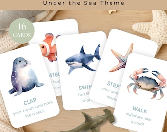 Ocean Movement Cards, Sea Animal Action Cards, Educational Preschool Activity Cards, Kids Movement, Montessori Flashcards, Fitness for Kids