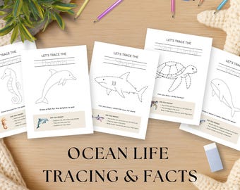 Ocean Life Tracing Sheets, Marine Animal Tracing and Facts Printables for Kids, Preschool & Homeschool Activities, Under the Sea