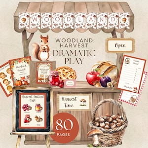 May include: Watercolor illustration of a woodland harvest dramatic play set. Features a wooden stall with signs, a squirrel, pie, apples, and a basket of chestnuts. Includes face painting and market elements.